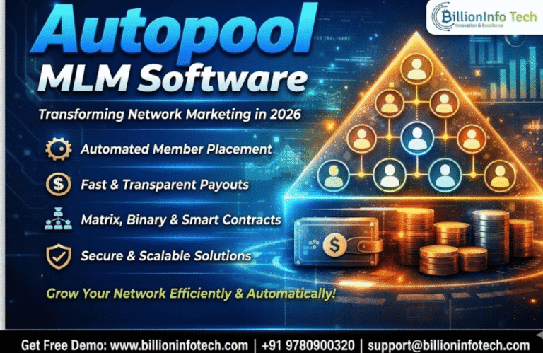 Autopool MLM Software by Billion Info Tech with automated member placement, commission management, and secure MLM business solutions.